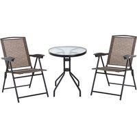 Outsunny 3 Piece Patio Furniture Garden Bistro Set Outdoor 2 Folding Chairs 1 Tempered Glass Table Adjustable Backrest Metal - Brown