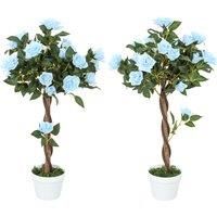 Outsunny Set of 2 Artificial Plants White Rose Floral in Pot, Fake Plants for Home Indoor Outdoor Decor, 90cm, Light Blue