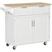 HOMCOM Modern Rolling Kitchen Island Storage Kitchen Cart Utility Trolley with Rubberwood Top, 2 Drawers, White
