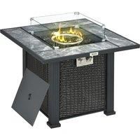 Outsunny Outdoor PE Rattan Gas Fire Pit Table, Patio Square Propane Heater with Marble Desktop, Rain Cover, Glass Windscreen, and Glass Stones Black