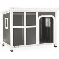 PawHut Wooden Dog House Outdoor with Asphalt Openable Top, Removable Floor, Clear Front Panel, Curtain, 90 x 62 x 71cm