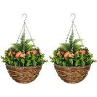 Outsunny Pack of 2 Faux Plant Artificial Lisianthus Flowers Hanging Planter with Basket for Indoor Outdoor Decoration, Orange