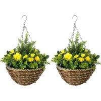 Outsunny Pack of 2 Faux Plant Artificial Lisianthus Flowers Hanging Planter with Basket for Indoor Outdoor Decoration, Yellow