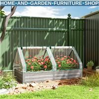 Outsunny Metal Planter Box with Cover, Raised Garden Bed with Greenhouse, for Herbs and Vegetables, White and Dark Grey