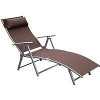 Outsunny Patio Sun Lounger Garden Texteline Foldable Reclining Chair w/ Pillow Outdoor Adjustable Recliner (Brown)