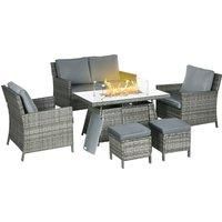 Outsunny 6-Seater Rattan Garden Furniture Set w/ Gas Fire Pit Table, Wicker Loveseat, 2 Armchairs and 2 Footstools, Grey