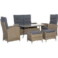 Outsunny 6 Pieces PE Rattan Dining Set, Patio Wicker Conversation Furniture, Tempered Glass Table-top Dining Table w/ Storage Layer, Mixed Grey