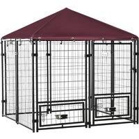 PawHut Outdoor Dog Kennel with Rotating Bowl Holders, Water and UV-Resistant Cover for Medium & Small Dogs, Red