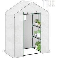 Outsunny Walk-in Greenhouse with 3 Tier 4 Shelves, Small Greenhouse with Reinforced PE Cover, Garden Plant Growhouse with Roll-up Door and Three Mesh Windows, 143 x 74 x 190 cm, White