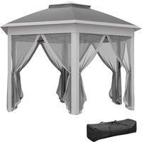 Outsunny 3 x 4m Garden Gazebo Hexagon Pop Up Party Tent Canopy Double Roof Instant Shelter with Netting and Carry Bag for Outdoor Patio, Dark Grey