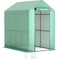 Outsunny Walk-in Greenhouse with 2 Tier 4 Shelves, Small Greenhouse with Reinforced PE Cover and Roll-up Door, 120 x 186 x 190 cm, Green