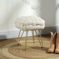 HOMCOM Square Foot Stool, Woven Footrest Ottoman with Metal Legs, Padded Makeup Vanity Stool, Velvet Dressing Table Seat for Bedroom, Cream White