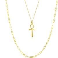 Spero London Women's Sterling Silver Egyptian Ankh & Large Rectangular Chain Stacking Necklace Set in Gold