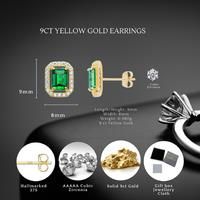 9Ct Gold Emerald Halo Stud Earrings 9X8Mm With Hallmark