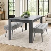 Kosy Koala Dark Grey Wooden Dining Set with Velvet Chairs and 2 Benches, Stylish Arrow Design, Multi
