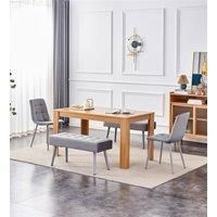 Dining Table and 2 Grey Velvet Chairs With 2 Benches Oak Effect Wood Table