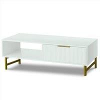 Modern White Coffee Table with Storage, Gold Metal Legs and Handles
