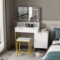 KOSY KOALA Dressing Table Set with LED Mirror, Storage Cabinet and Stool - White and Gold for Bedroom