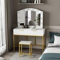 KOSY KOALA Dressing Table Set with Bulb Lights 3-Way Mirror, Drawers and Stool - White and Gold - Hollywood Style