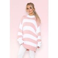 elaina fashion Women/'s Crew Round Neck Striped Oversized Sweater - Baggy Knitted Jumpers with Long Sleeves, Streetwear Loose Fit Knit (UK, Numeric, 10, Regular, Regular, Pink White Stripes)