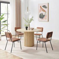 Penrose Oak 120cm Round Dining Table & 4 Tan Faux Leather Delta Chairs Scandi J