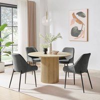 FurnitureboxUK Penrose Oak Effect Round Dining Table & 4 Beaumont Chairs in Grey