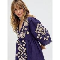 Raffya Arianna V- Neck Embroidered Maxi Dress In Blue In Navy