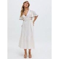Raffya Delilah V-Neck Front Tie Midi Dress - White