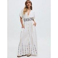 Raffya Sally Ann Button Down Embroidery Maxi Dress - White