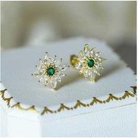 S925 Sterling Silver Emerald Flower Earrings Yellow Gold Plated