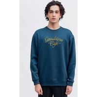 Urban Studio Men's Box Fit Grindstone Cafe Fleece Crew Neck Sweatshirt in Teal | Size: Medium