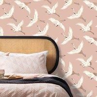 Flying Cranes Blush Wallpaper Blush/White
