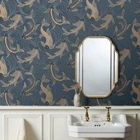 Decorative Fish Navy Wallpaper Navy Blue/Gold