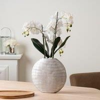 Artificial Real Touch White Orchid in Flat Silver Vase