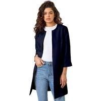 Roman Originals Textured Longline Jacket for Women UK Ladies Reefer Coat Lined Tailored Lightweight Long Autumn Winter Smart Casual Office Work Business Evening Going Out - Navy - Size 22