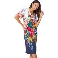 Roman Originals Women Floral Print Twist Front Scuba Dress - Ladies Spring Everyday Summer Holiday Vacation Work Casual Smart Comfy Soft Relaxed - Black - Size 12