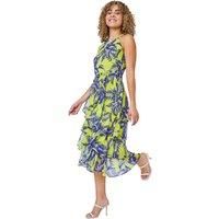 Roman Originals Women Halter Neck Frill Midi Dress - Ladies Special Occasion Evening Party Wedding Guest Print Ruffle Detail Sleeveless Round Neck Dresses - Lime Navy - Size 16