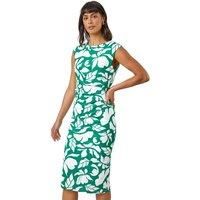 Roman Originals Ruched Waist Dress for Women UK Ladies Side Pleat Winter Autumn Textured Fitted Shift Pencil Smart Lined Fitted Stretchy Jersey Work Knee Length Round Neck - Green Ivory - Size 8