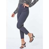 Roman Originals Stretch Trousers for Women UK Ladies High Waisted Pants Pull On Leggings Smart Slimming Office Work Fitted Tailored Tapered Regular & Plus Sizes - Petite Grey (26 in) - Size 10