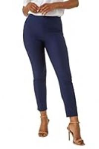 Roman Originals Stretch Trousers for Women UK Ladies High Waisted Pants Pull On Leggings Smart Slimming Office Work Fitted Tailored Tapered Regular & Plus Sizes - Petite Navy (26 in) - Size 18