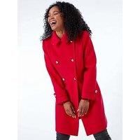 Roman Originals Petite Double Breasted Military Coat For Women UK - Ladies Everyday Holiday Autumn Winter Long Sleeves Comfy Soft Evening Vacation Work Smart Party - Petite Red - Size 14