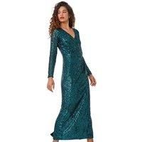 Roman Originals Sequin Wrap Stretch Maxi Dress for Women UK - Ladies
