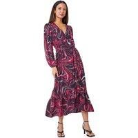 Roman Originals Marble Print Wrap for Women UK Dress - Ladies Autumn Everyday Winter Holiday V-Neckline Comfy Long Sleeve Soft Midi Frock Self Belt Gowns - Red - Size 10
