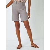 Roman Originals Stretch Shorts for Women UK - Ladies Turned Hem Bengaline Casual Everyday Cropped Pants Chino Capri Slim Fit Above The Knee Turn Up Bermuda Summer Crops - Taupe - Size 16