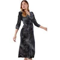 Roman Originals Glitter Marble Print Ruched Velvet Dress for Women UK - Ladies Everyday Holiday Autumn Winter V Neckline 3/4 Sleeves Comfy Soft Evening Vacation Work Party - Silver - Size 12