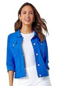 Roman Originals Stretch Jacket for Women UK - Ladies Denim Jean Summer Coat Bengaline Casual Smart Utility Trucker Biker Fitted Classic Work Spring Soft Vintage - Royal Blue - Size 10