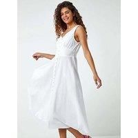 Roman White Button Detail Cotton Midi Dress - Size 12 12 female