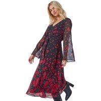 Dusk Fashion Animal Print Knot Detail Dress for Women UK - Ladies Autumn Everyday Winter Holiday V-Neckline Comfy Long Sleeve Soft Tie Waist Frock Fit & Flare Gowns - Red - Size 10