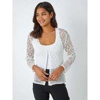 Roman Originals Knitted Crochet Shimmer Shrug for Women UK - Ladies Everyday Holiday Spring Summer V Neckline Comfy Soft Evening Vacation Work Party - Ivory - Size 10