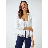 Roman Scalloped Lace Trim Knitted Shrug for Women UK - Ladies Spring Everyday Summer Holiday Edge to Edge Opening Comfy 3/4 Length Sleeve Soft Feel Daywear Cardigans - Ivory - Size 14